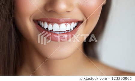 Radiant smile with perfectly aligned white teeth and glossy lips, showcasing dental health and beauty. Close-up shot for detail. 123290905