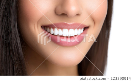 Bright smile showcasing perfectly aligned, sparkling white teeth and healthy pink lips. Emphasizing dental health and cosmetic enhancements. Bright smile showcasing perfectly aligned, sparkling white teeth and healthy pink lips. Emphasizing dental health and cosmetic enhancements. 123290914