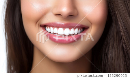 Close-up of a woman's bright, healthy smile showcasing perfectly aligned white teeth and natural-looking pink lips. Close-up of a woman's bright, healthy smile showcasing perfectly aligned white teeth and natural-looking pink lips. 123290923