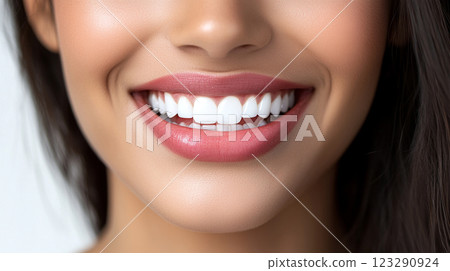 Radiant smile with perfect white teeth and glossy pink lips, showcasing dental health and beauty. Beautiful smile that is bright and healthy. 123290924