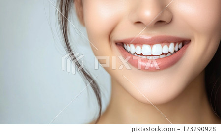 Close-up of a person's face showcasing a bright, white smile with healthy gums and a natural skin tone. Aesthetic dental care is shown. 123290928