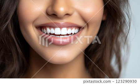 Close-up of a beautiful woman's smile showcasing white teeth and healthy gums, radiant and confident expression. 123290930