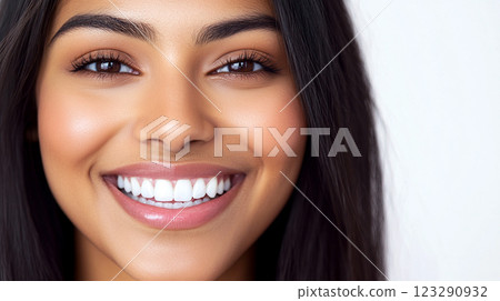 Radiant smile and bright eyes of a brunette woman with smooth, glowing skin against a clean, white backdrop in a well-lit studio shot. Radiant smile and bright eyes of a brunette woman with smooth, glowing skin against a clean, white backdrop in a well-lit studio shot. 123290932