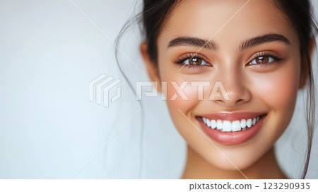 Radiant smile of a woman with perfect teeth and glowing skin. Healthy and beautiful. Close-up studio shot against a plain background. Radiant smile of a woman with perfect teeth and glowing skin. Healthy and beautiful. Close-up studio shot against a plain background. 123290935