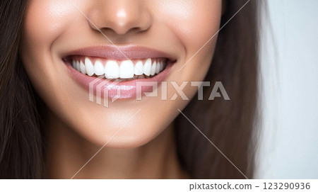 Close-up of a radiant smile showcasing healthy, bright white teeth and glossy lips, set against a soft, neutral background. Close-up of a radiant smile showcasing healthy, bright white teeth and glossy lips, set against a soft, neutral background. 123290936