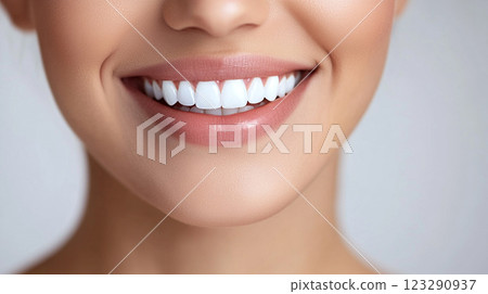 Radiant smile showcasing healthy white teeth. Lips with a touch of gloss. Confident and natural beauty, promoting oral hygiene and dental care. Radiant smile showcasing healthy white teeth. Lips with a touch of gloss. Confident and natural beauty, promoting oral hygiene and dental care. 123290937