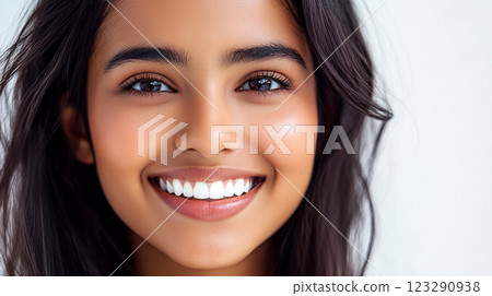 Radiant smile portrait showcasing perfect white teeth, gleaming skin, and healthy, dark brown hair against a blurred light background. 123290938