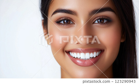 Close-up of a smiling woman showcasing perfect, white teeth and flawless makeup. She has a kind smile and a healthy glow. Close-up of a smiling woman showcasing perfect, white teeth and flawless makeup. She has a kind smile and a healthy glow. 123290943