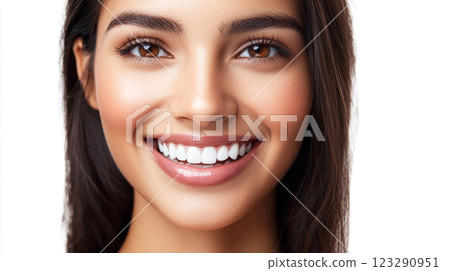 Radiant smile illuminates the frame, showcasing dental perfection and natural beauty. The face glows with health and confidence. Radiant smile illuminates the frame, showcasing dental perfection and natural beauty. The face glows with health and confidence. 123290951