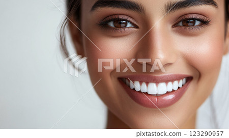 Radiant smile closeup: Confident woman with perfect teeth and glowing skin, showcasing beauty and oral care on a neutral background. Radiant smile closeup: Confident woman with perfect teeth and glowing skin, showcasing beauty and oral care on a neutral background. 123290957