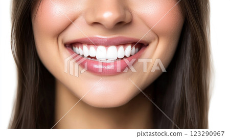 Radiant smile revealing healthy, pearly white teeth, showcasing optimal dental care and confidence. A perfect, glowing smile. 123290967
