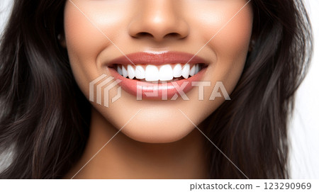 Bright, radiant smile on a woman with dark hair. Focus on healthy teeth and lips. 123290969
