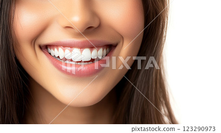 Radiant smile with perfect white teeth, showcasing oral hygiene and confidence, framed by smooth skin and healthy hair on a bright background. Radiant smile with perfect white teeth, showcasing oral hygiene and confidence, framed by smooth skin and healthy hair on a bright background. 123290973