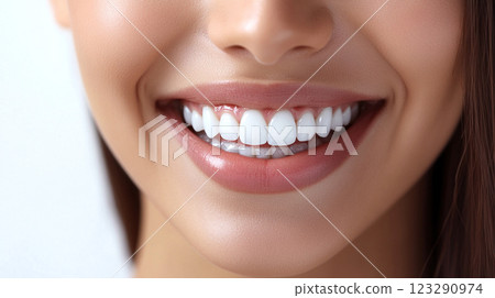 Close-up of a beaming smile revealing impeccably white teeth. Radiating confidence, beauty, and perfect oral hygiene. A truly captivating grin. Close-up of a beaming smile revealing impeccably white teeth. Radiating confidence, beauty, and perfect oral hygiene. A truly captivating grin. 123290974