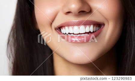 Close-up of a radiant smile showcases perfectly aligned, bright white teeth and glossy, pink lips, highlighting oral hygiene and beauty. 123290983