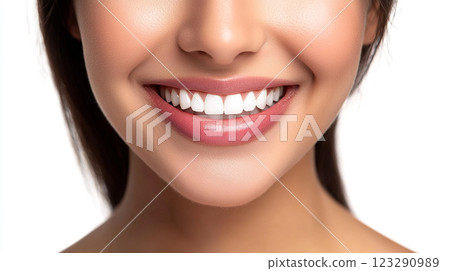 Radiant smile displaying bright, white teeth, complemented by glossy lips and smooth skin, showcasing dental health and beauty 123290989