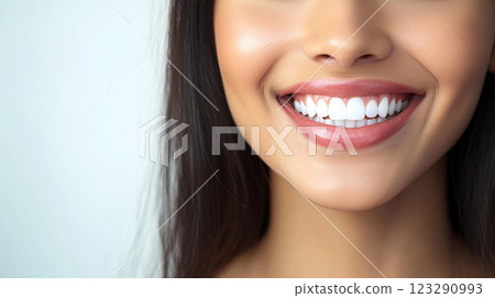 Radiant smile: Close-up of a woman's perfect white teeth and glossy lips against a soft background, showcasing oral hygiene and beauty. Radiant smile: Close-up of a woman's perfect white teeth and glossy lips against a soft background, showcasing oral hygiene and beauty. 123290993