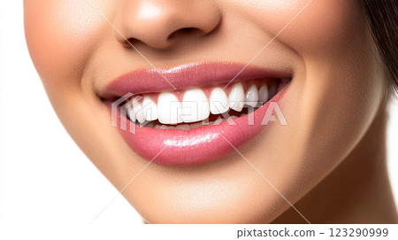 Radiant smile close-up showcasing perfectly aligned, bright white teeth and healthy gums. Natural beauty is a testament to oral care. 123290999