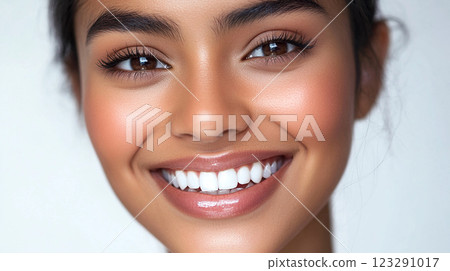 Radiant smile with flawless skin. She shows off her perfect teeth, bright eyes and healthy complexion with a beaming smile. 123291017