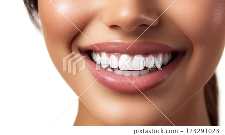 Radiant smile featuring perfectly aligned, bright white teeth and healthy gums, enhanced with light pink lip color, conveying health and beauty. 123291023