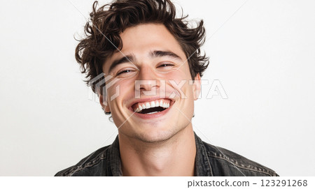 Radiant Smile: A young man's infectious laughter illuminates a clean, bright backdrop, showcasing joy and approachability. 123291268