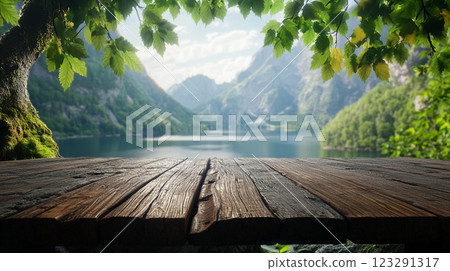 Wooden deck overlooking a serene lake surrounded by lush green mountains. The scene captures a tranquil and natural outdoor setting. Wooden deck overlooking a serene lake surrounded by lush green mountains. The scene captures a tranquil and natural outdoor setting. 123291317