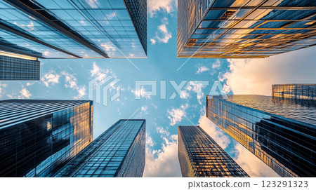Skyscrapers converge against a vibrant blue sky dotted with soft, white clouds, a striking display of urban architecture and natural beauty. 123291323