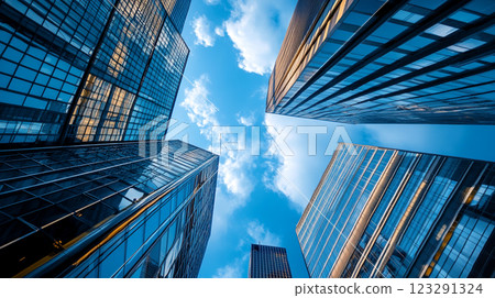 Skyscrapers reaching for the sky, their glass reflecting the blue. A dance between urban architecture and the vastness of the sky above. 123291324