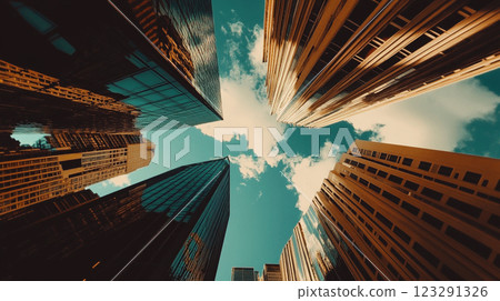 Skyscrapers reaching for the blue sky, towering high above, creating a dramatic perspective and symbolizing architectural achievement. 123291326