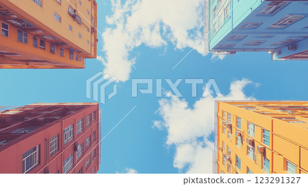 Urban architecture meets azure skies. High-rise buildings frame a bright blue canvas dotted with fluffy white clouds, creating a tranquil scene. 123291327