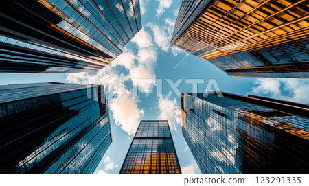 Skyscrapers converge toward a blue sky with fluffy clouds.  Buildings are reflecting light.  A modern and powerful city perspective. 123291335