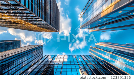 Skyward Gaze: Towering structures of glass and steel reach for the boundless blue sky, punctuated by fluffy white clouds. A scene of urban grandeur. Skyward Gaze: Towering structures of glass and steel reach for the boundless blue sky, punctuated by fluffy white clouds. A scene of urban grandeur. 123291336
