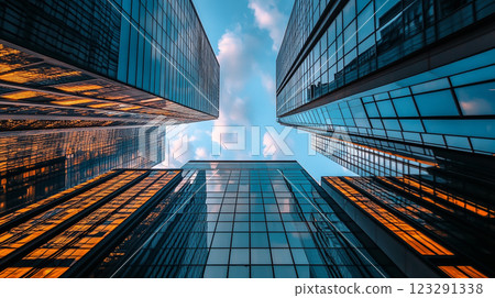 Looking up towards glass skyscrapers reaching high into the sky, mirroring the clouds and blue sky above, creating an architectural masterpiece. 123291338