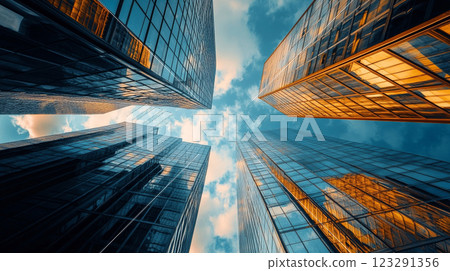 Skyscrapers reaching for the sky. Modern architecture with glass facades reflecting the blue sky and golden light. Cityscape from below. 123291356