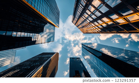 Skyscrapers converge against a vibrant blue sky dotted with fluffy clouds. Architectural marvels reach for the heavens in urban panorama. 123291357