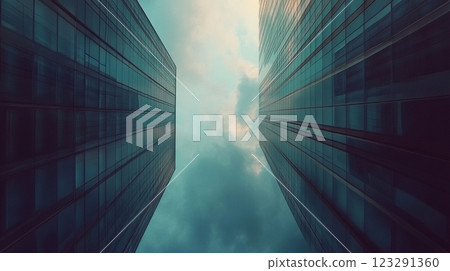Looking up at two skyscrapers with reflective glass facades against a cloudy sky, creating a sense of soaring height and modern architecture. 123291360