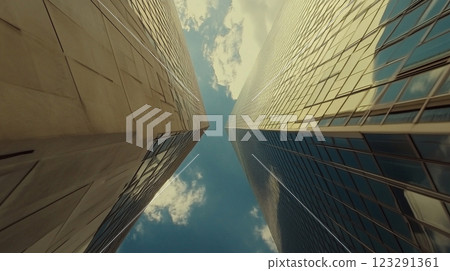 Skyscrapers reaching towards the sky, mirrored windows reflect the clouds above in this architectural upward view. 123291361
