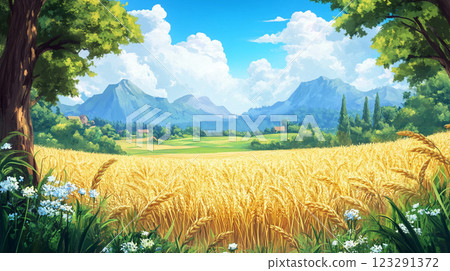 Golden wheat field stretches toward mountains under a bright sky, framed by trees, evoking peace and abundance. Golden wheat field stretches toward mountains under a bright sky, framed by trees, evoking peace and abundance. 123291372