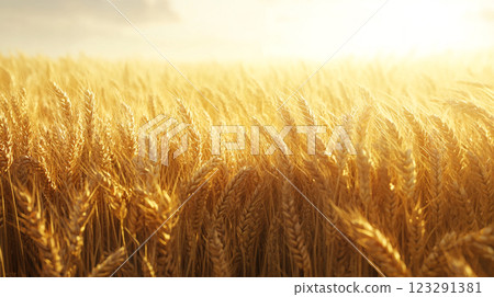 Golden wheat field stretching into the horizon, bathed in warm sunlight, creating a serene and bountiful agricultural landscape. 123291381