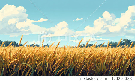 Golden wheat field under a blue sky with fluffy white clouds, embodying the serenity of rural landscapes and the abundance of harvest. 123291388