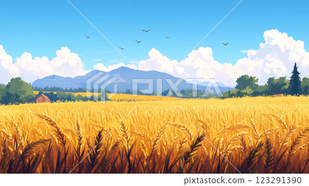 Golden wheat field under blue skies, backed by mountains and scattered clouds, evokes rural tranquility and natural beauty. Golden wheat field under blue skies, backed by mountains and scattered clouds, evokes rural tranquility and natural beauty. 123291390