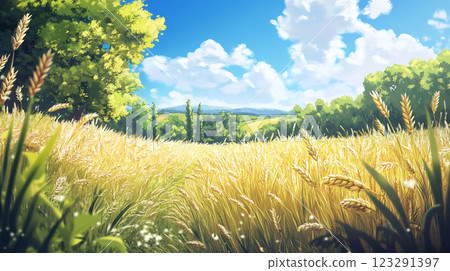 Scenic wheat field with a bright blue sky dotted with fluffy white clouds, set against a backdrop of rolling hills and lush green trees. Scenic wheat field with a bright blue sky dotted with fluffy white clouds, set against a backdrop of rolling hills and lush green trees. 123291397