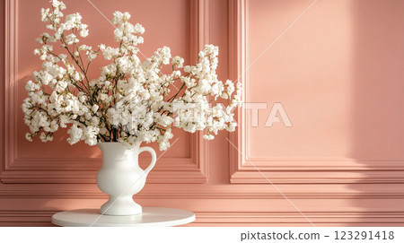 Elegant white flowers in a vase against a peach wall, creating a serene and aesthetic atmosphere in a well-lit room. Elegant white flowers in a vase against a peach wall, creating a serene and aesthetic atmosphere in a well-lit room. 123291418