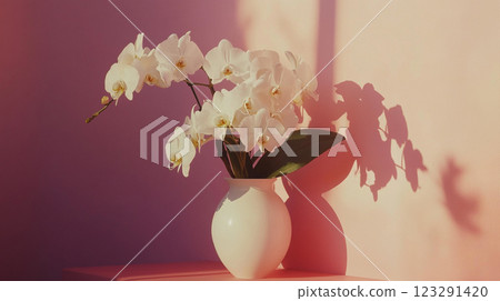 Elegant orchid arrangement in a white vase against a pink wall, casting soft shadows. A serene and graceful floral display. 123291420