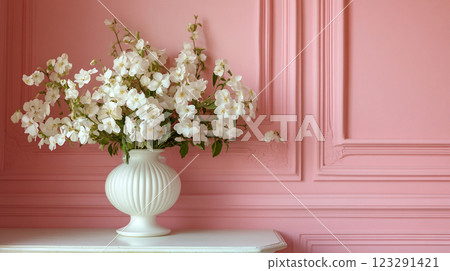 Elegant floral arrangement in a white vase against a detailed, pink wall creates a soothing and classic aesthetic. 123291421