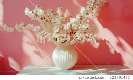 Floral elegance: Blossoming white flowers cascade from a vase against a pink backdrop, bathed in gentle light and shadow play. Floral elegance: Blossoming white flowers cascade from a vase against a pink backdrop, bathed in gentle light and shadow play. 123291422