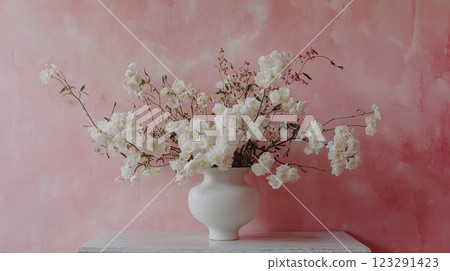 Elegant display of white blossoms artfully arranged in a vase. The light pink background provides a soft, complementary backdrop. 123291423