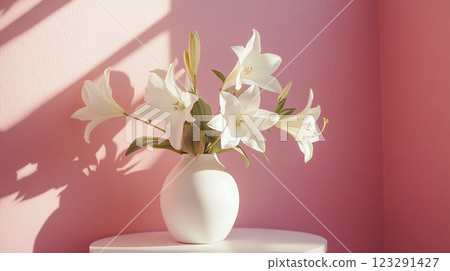 Elegant white lilies bloom in a simple vase, bathed in soft light against a muted pink wall, casting shadows and highlighting delicate petals. 123291427