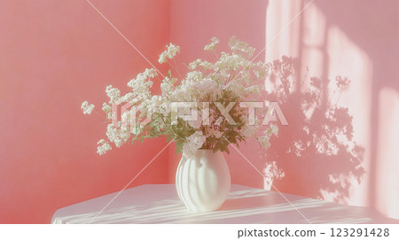 A soft peach hue sets the stage for a vase of delicate white blossoms, bathed in gentle sunlight, creating a peaceful still life. 123291428