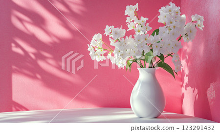 Floral arrangement: White blossoms in a simple vase, set against pink backdrop with soft leaf shadows, creating calm aesthetic. 123291432